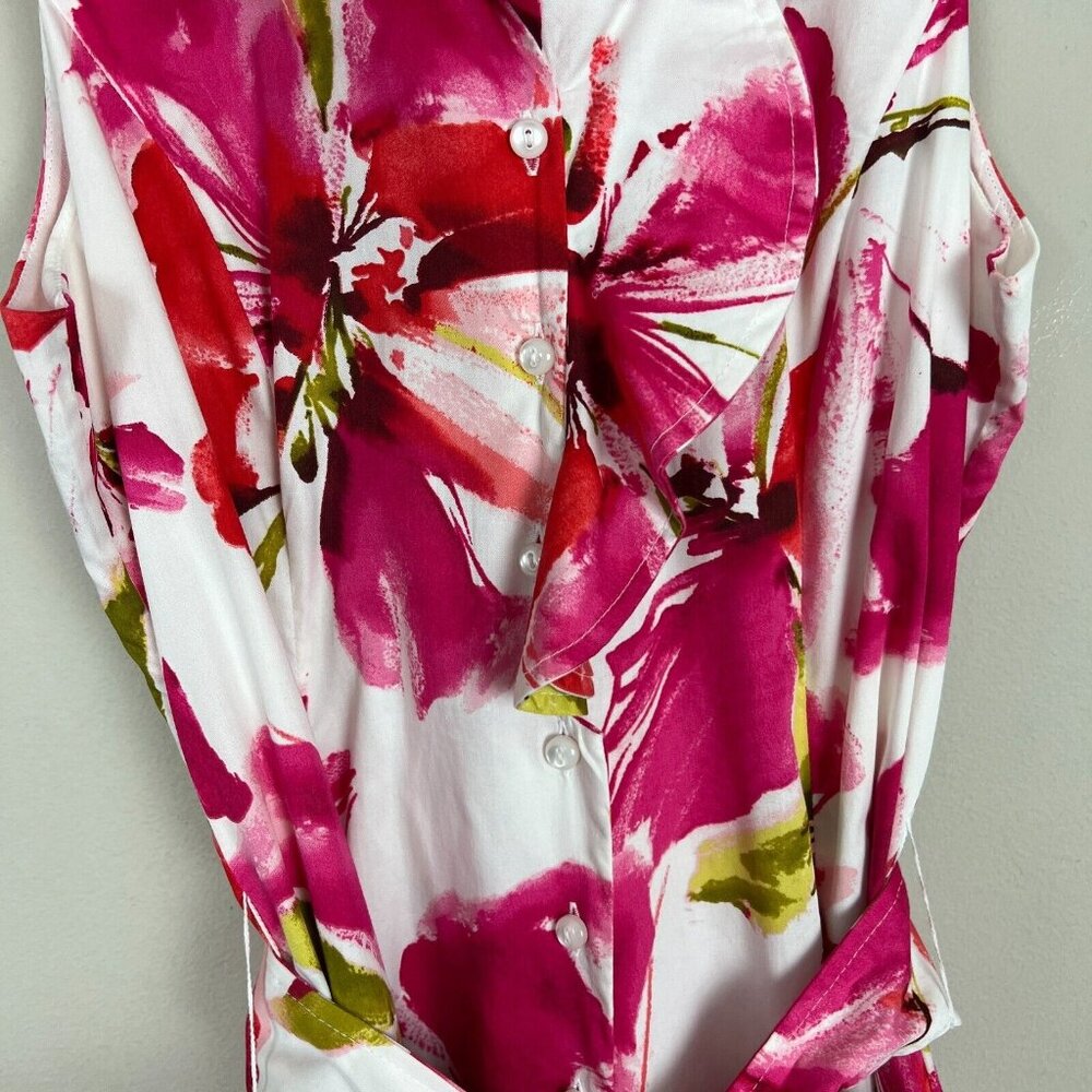 Jones New York Dress Womens 10 Pink Floral Ruffle Collar Belted Button Up A-Line - Picture 9 of 12